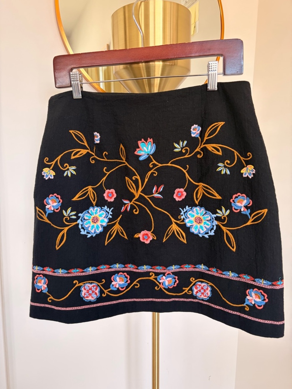LOFT Black Mini Skirt with Colorful Floral Embroidery - Picture 2 of 8